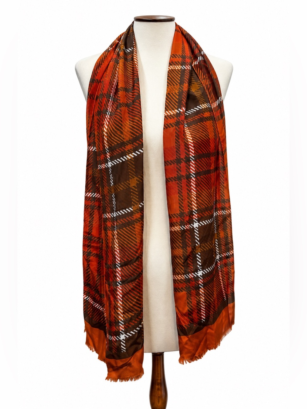 Plaid Orange Red Brown 100% Silk Bill Blass Bag Charm Head Scarf